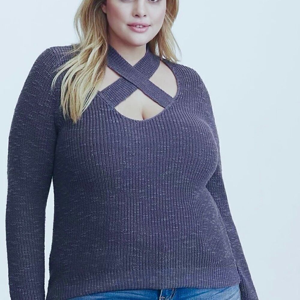 Torrid Blue Grey Knitted Criss Cross Front Cutout Sweater Size 3X